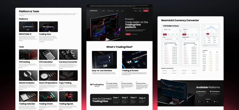 Общая страница Platform & Tools с карточками платформ и инструментов, рядом страницы TradingView и конвертера валют