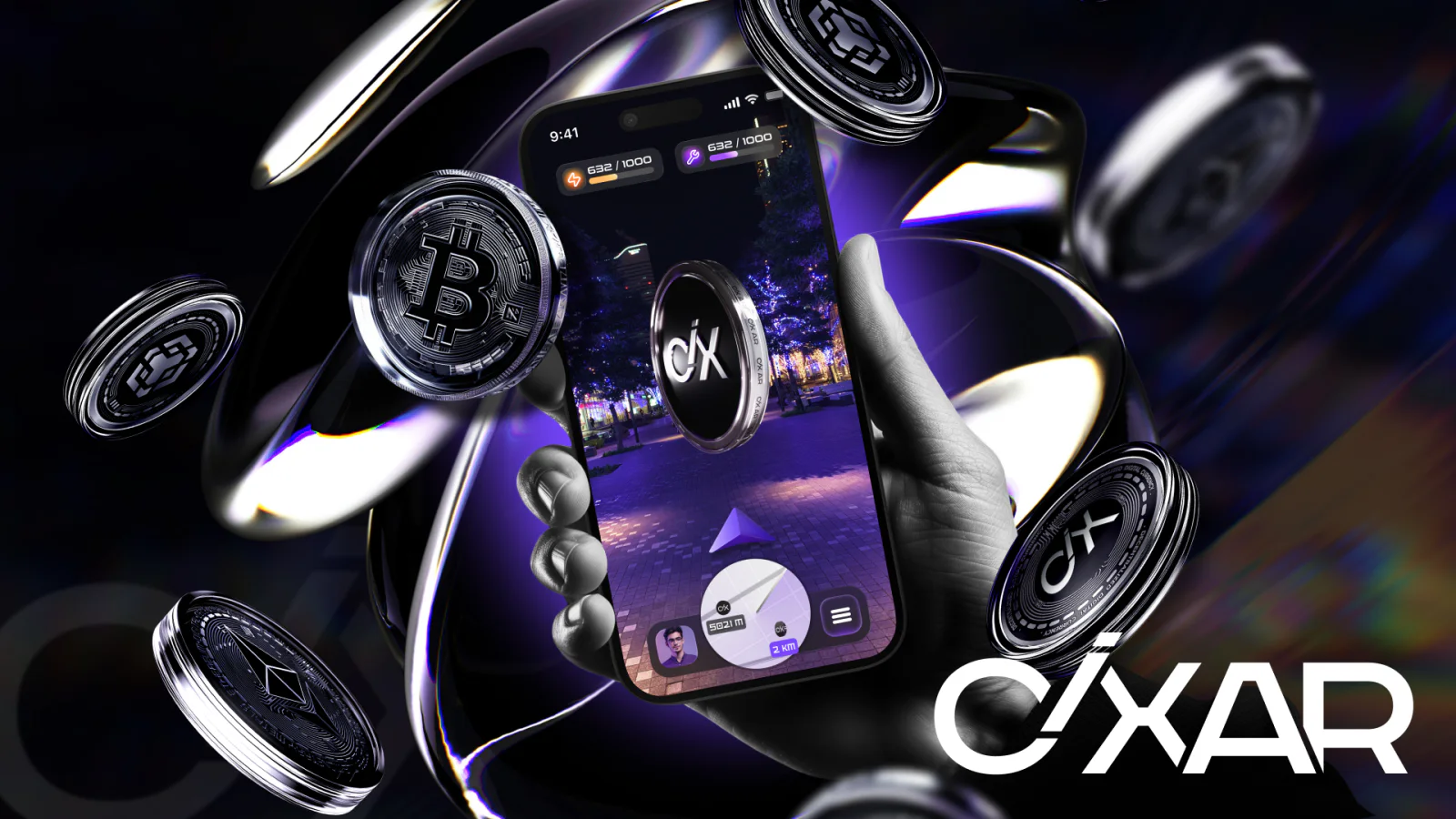 Рука с телефоном, дополненная реальность и криптомонеты