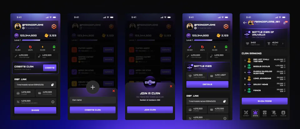 Five clan screens covering creation, invitation, the clan card and the rating