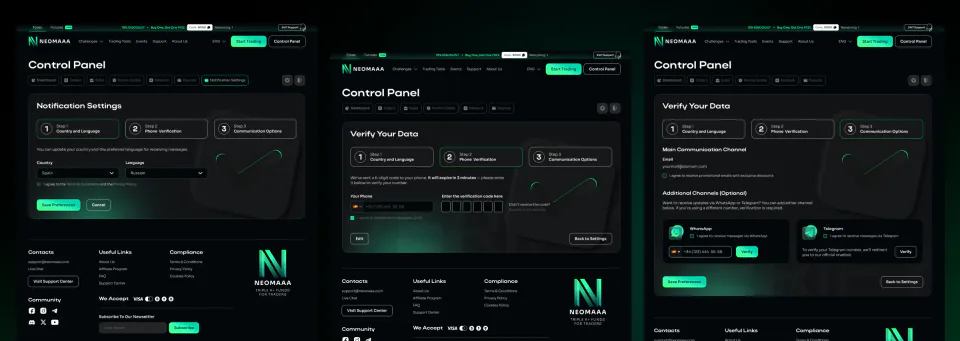 Служебные экраны кабинета NEOMAAA, выбор страны и языка, подтверждение телефона, каналы связи