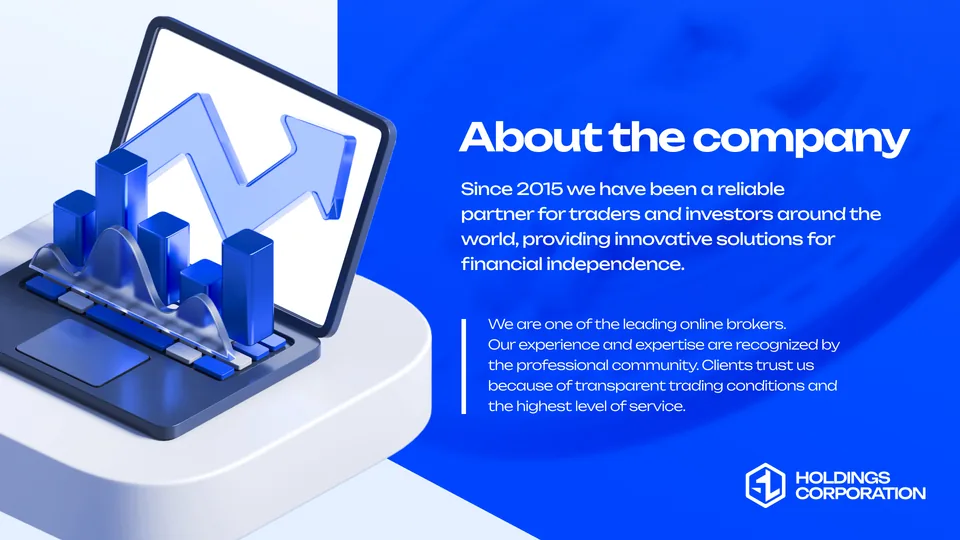 Разворот презентации SL Holdings, синий цвет и объёмная графика