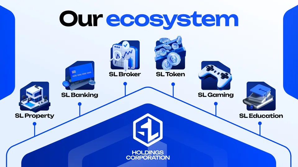 Разворот презентации SL Holdings, синий цвет и объёмная графика