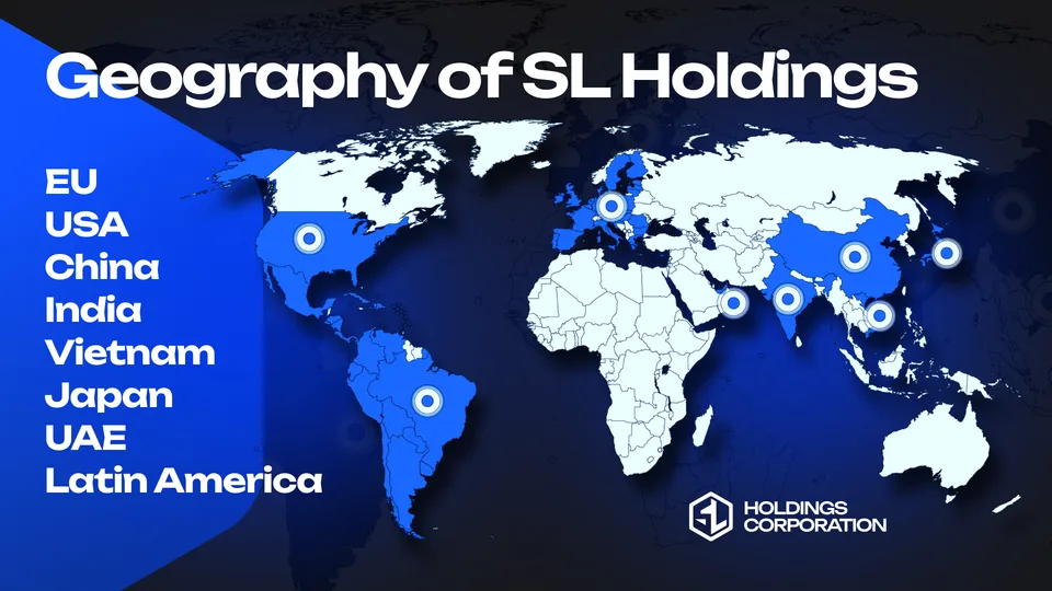 Разворот презентации SL Holdings, синий цвет и объёмная графика