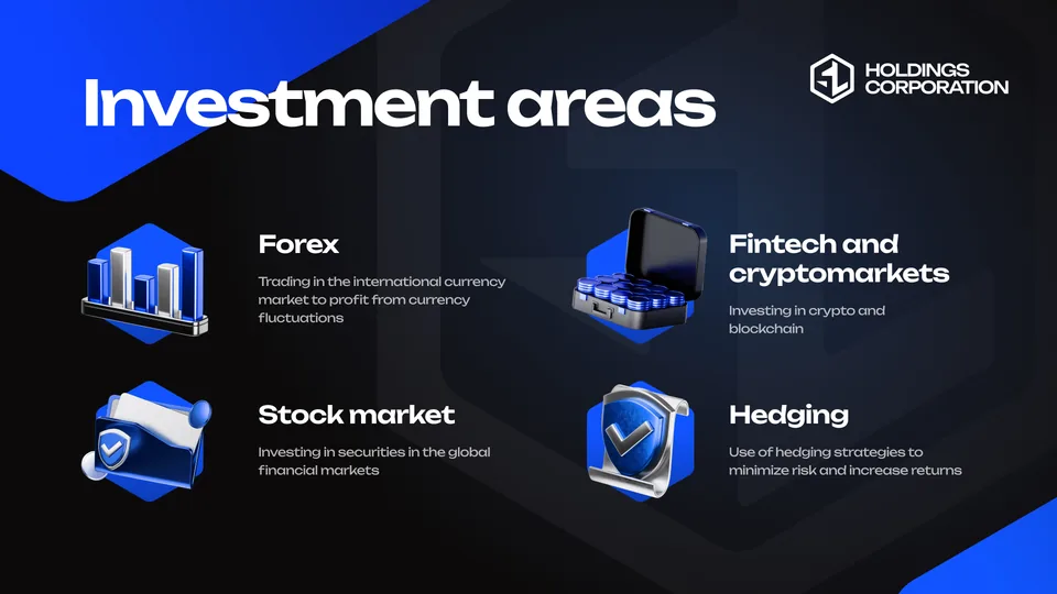 Разворот презентации SL Holdings, синий цвет и объёмная графика