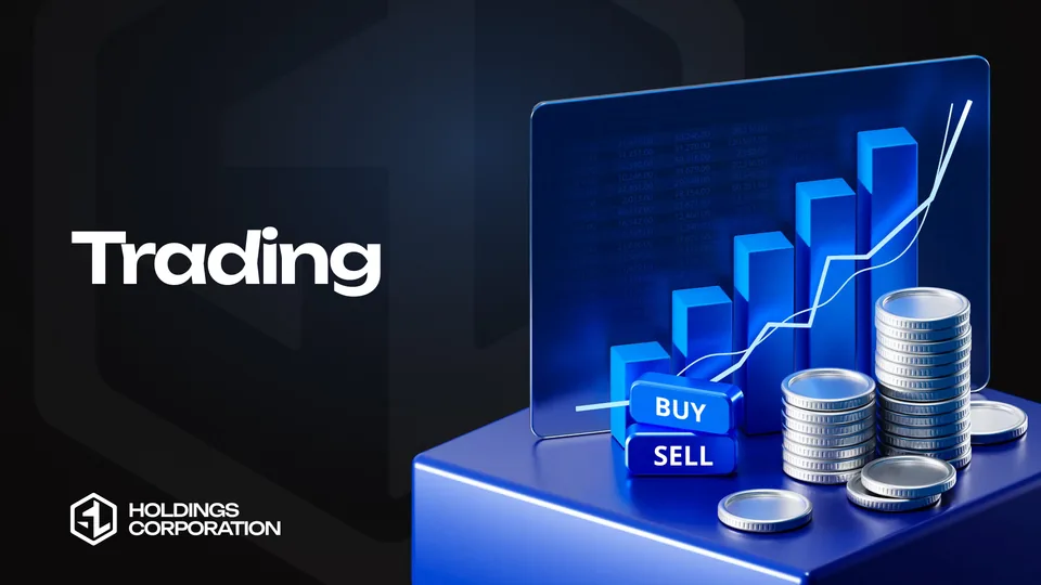 Разворот презентации SL Holdings, синий цвет и объёмная графика