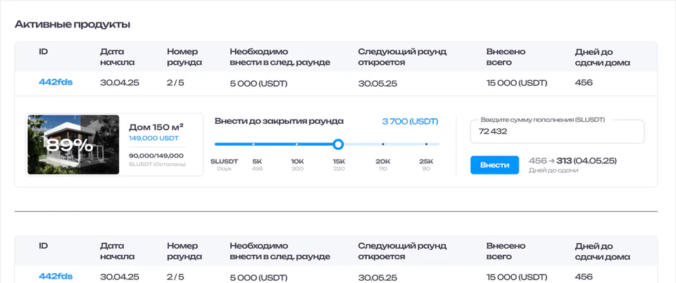 Кабинет домов, купленный дом. Номер раунда, сумма следующего взноса, дни до сдачи и довнесение, сокращающее срок