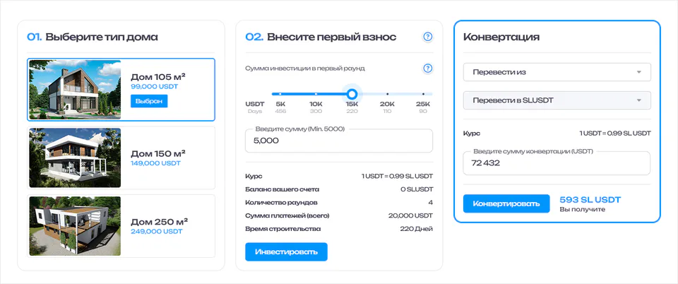 Кабинет домов, старт. Выбор типа дома, первый взнос со шкалой срока сдачи и конвертация во внутреннюю валюту